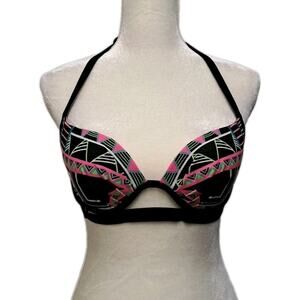 Coco Rave Bikini Top Size 34 B/C Cup Black Neon Print Underwire Beach Swim